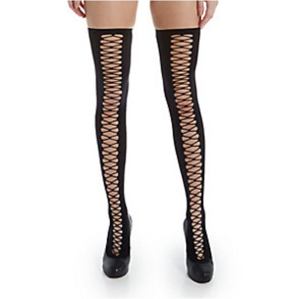 DREAMGIRL KNEE HIGH CRISS CROSS CUTOUT SOCKS BLACK OS NWOT